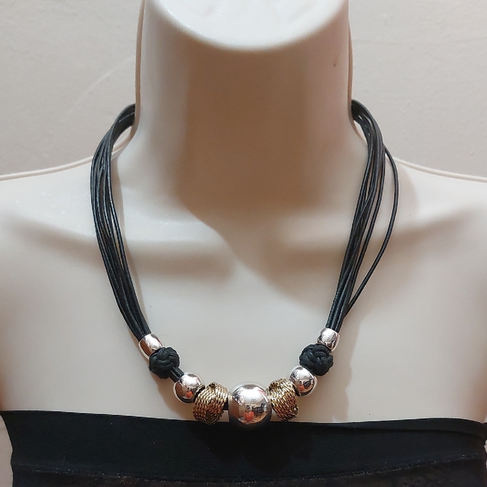 Two Tone Chunky Metal Beads on Multi Strands Black Cord Necklace
